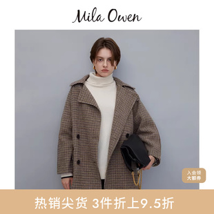 Mila Owen秋冬休闲气质含羊毛双排扣翻领毛呢大衣外套09WFC235300