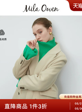 Mila Owen秋冬通勤气质双排扣翻领羊毛呢西装大衣外套09WFC235307