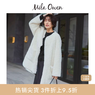 Mila Owen秋冬日系简约羊羔绒纯色圆领毛绒大衣09WFC245021