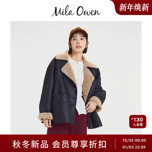 Mila 羊羔毛拼接人造革麂皮翻领外套09WFJ255139 Owen25秋冬新品