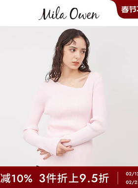 Mila Owen春夏休闲百搭纯色斜V领多巴胺罗纹针织衫09WNT241087