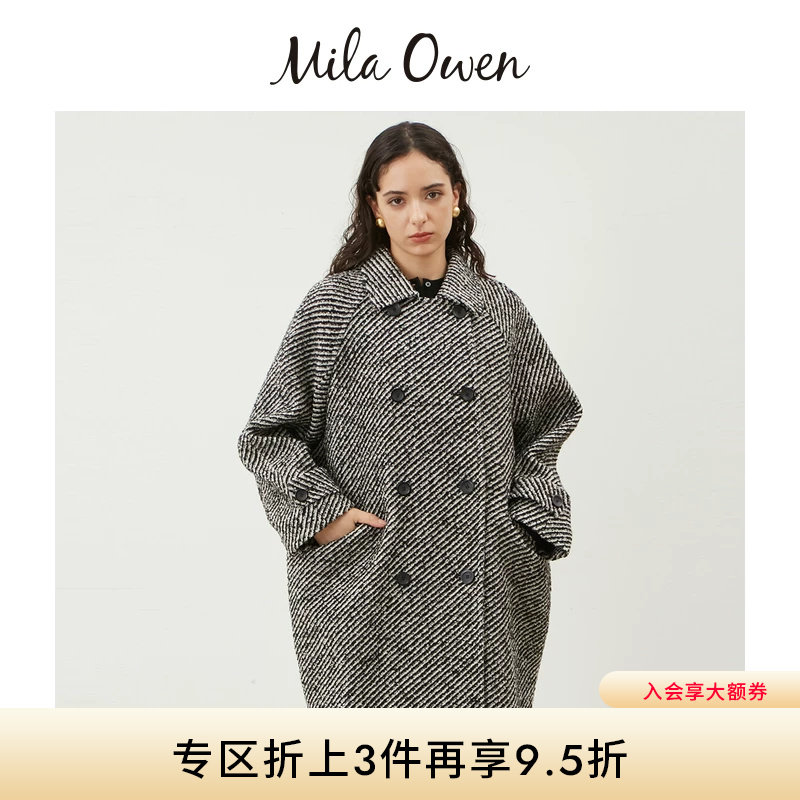 Mila Owen秋冬日系气质条纹双排扣翻领毛呢大衣09WFC245101