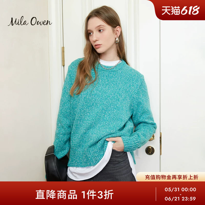 Mila Owen秋冬休闲百搭宽松侧开叉混色圆领针织毛衣09WNT231137