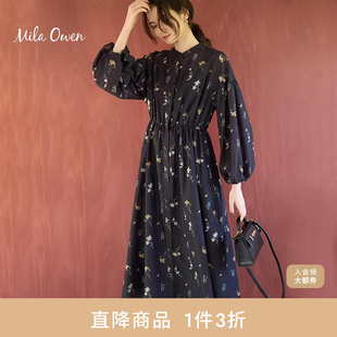 Owen秋冬日系优雅圆领抽褶束腰印花连衣裙09WFO234094 Mila