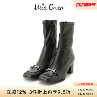 Mila Owen秋冬时尚百搭金属扣方头粗高跟短靴09WGS245524