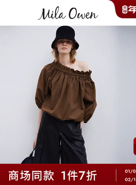 Mila Owen25秋冬新品日系优雅花边一字领泡泡袖衬衫09WFT254027