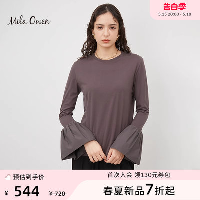 Mila Owen 24年春夏季新款休闲简约气质通勤喇叭袖长袖纯棉T恤女