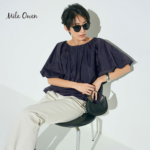纯色宽松抽褶衬衫 09WFT232104 Owen春夏甜美泡泡短袖 Mila