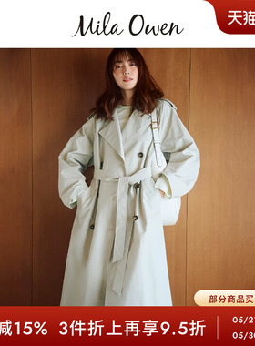 Mila Owen春夏休闲气质双排扣系带长款翻领风衣09WFC241003