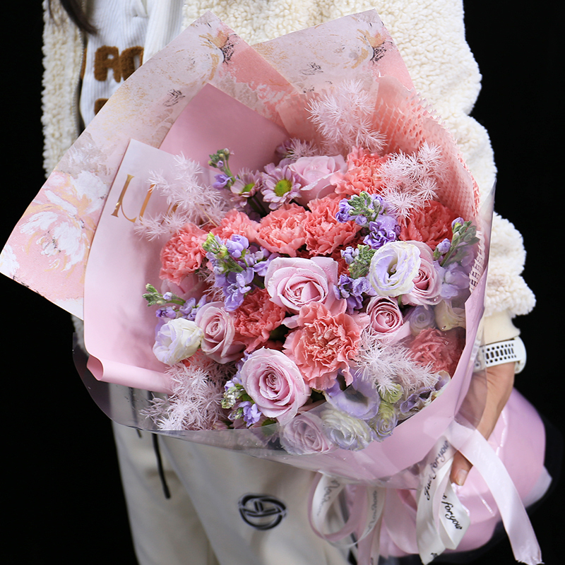 混搭粉康乃馨粉玫瑰花束花店紫罗兰洋桔梗生日鲜花速递同城北京