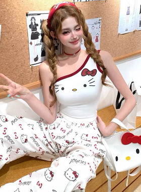 YOYO穿搭鹅了么【KT小猫】夏季纯欲拼接撞色设计感吊带上衣套装女