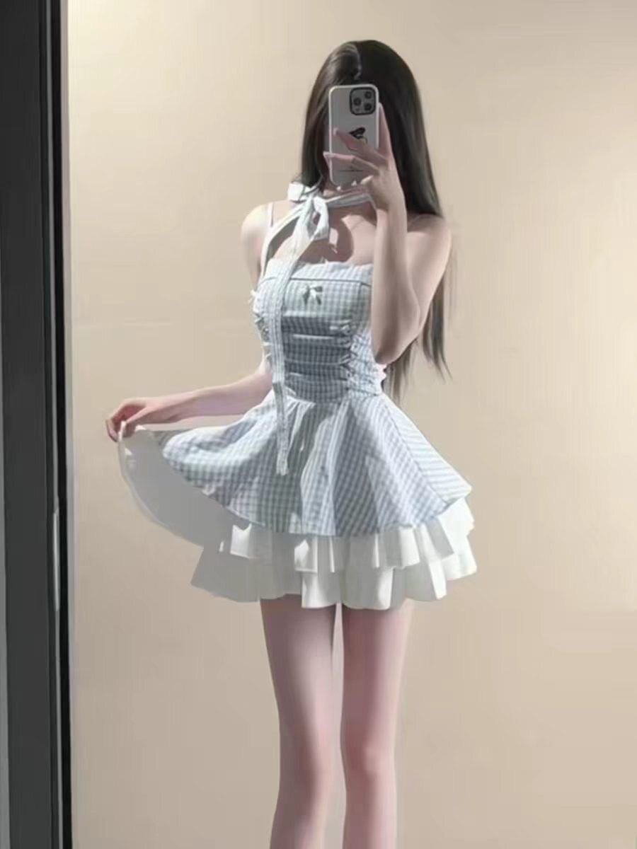 蓝色甜美风性感蝴蝶结小裙子吊带连衣裙女夏季裙子格纹蓬蓬裙短裙