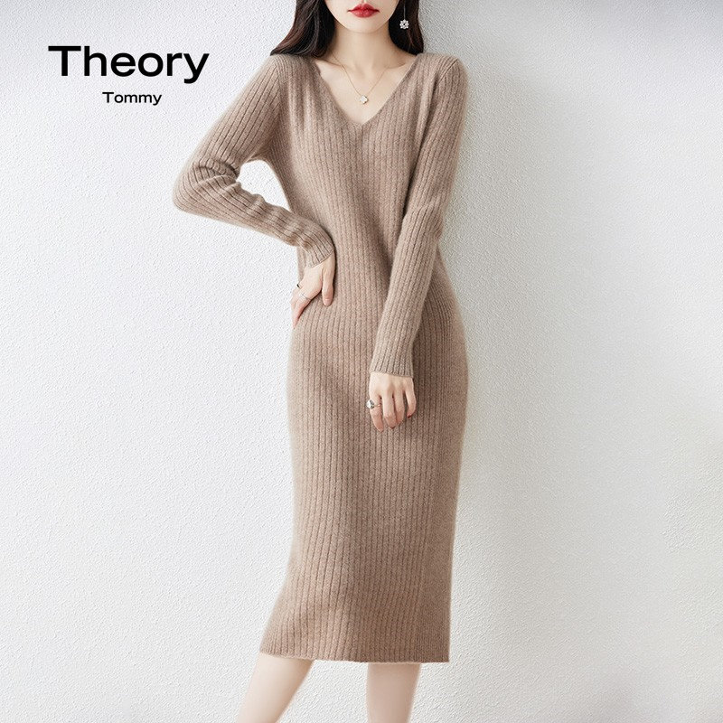 Theory Tommy气质V领羊毛针织连衣裙女中长款过膝羊绒毛衣打底裙