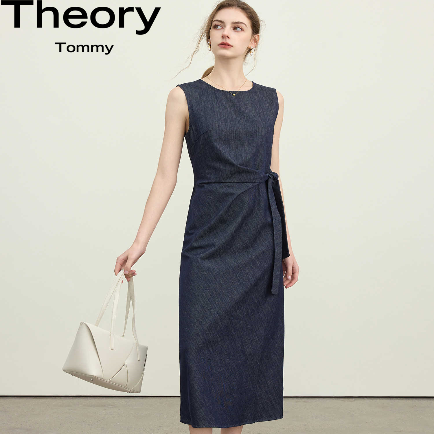 Theory Tommy2025新款蓝色连衣裙女夏肌理感无袖圆领背心裙长裙