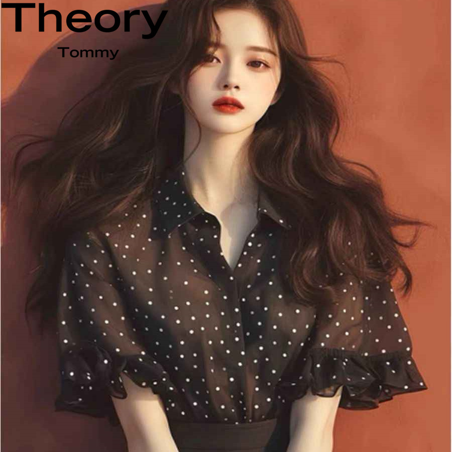 Theory Tommy2025夏季荷叶边黑色波点雪纺短袖衬衫洋气翻领上衣女