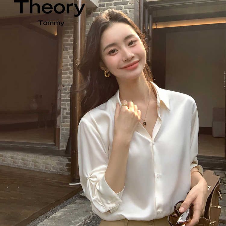 Theory Tommy高级感醋酸衬衫女绸缎光泽感宽松七分袖气质通勤上衣