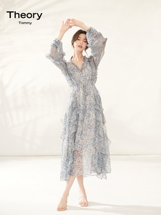Theory Tommy2025夏季真丝碎花收腰蛋糕裙桑蚕丝仙女长款连衣裙
