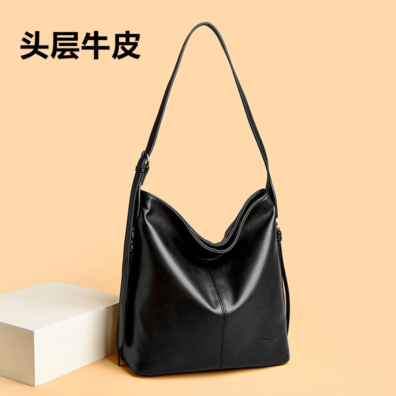 头层牛皮单肩斜挎包女包软真皮手提包大容量水桶包妈妈包2025新款