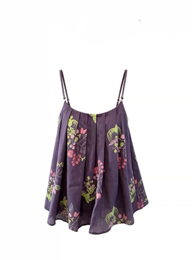 复古设计中式清冷油画感碎花吊带背心度假风泰式绝美外穿串珠上衣