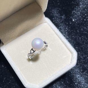 纯银猪鼻子淡水圆珍珠戒指 诸暨天然淡水珍珠白色正圆戒指可调节