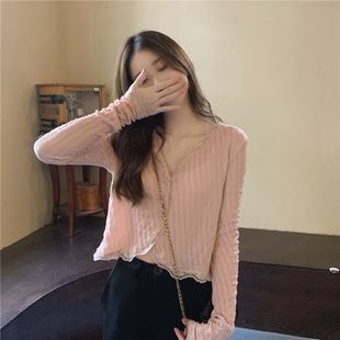 外套设计感百搭甜美气质显瘦上衣 韩版 V领蕾丝边衬衫 女开衫 空调衫