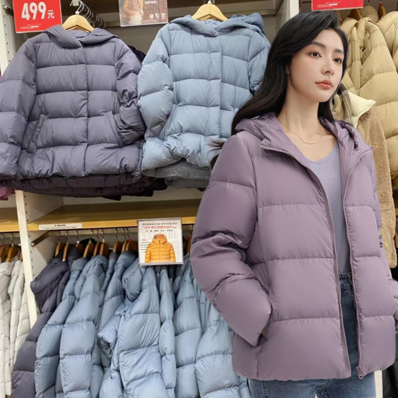 轻薄款羽绒服女商场款连帽修身90白鸭绒加大码轻型茧型面包服厚
