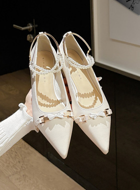 29830 平底鞋女粗跟2025年新款法式金属珍珠链尖头浅口低跟单鞋