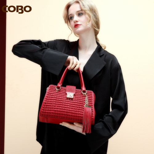 cobo/羚羊真皮女包手工编织手提