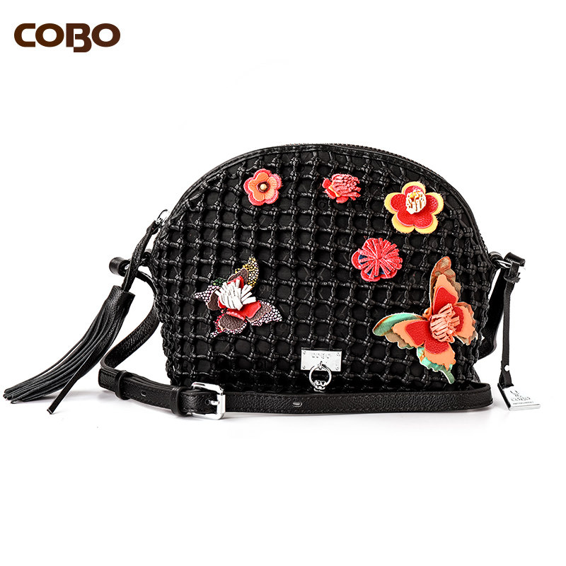 COBO/蔻尔宝头层牛皮手工编织中国风花鸟装饰单肩斜挎贝壳包