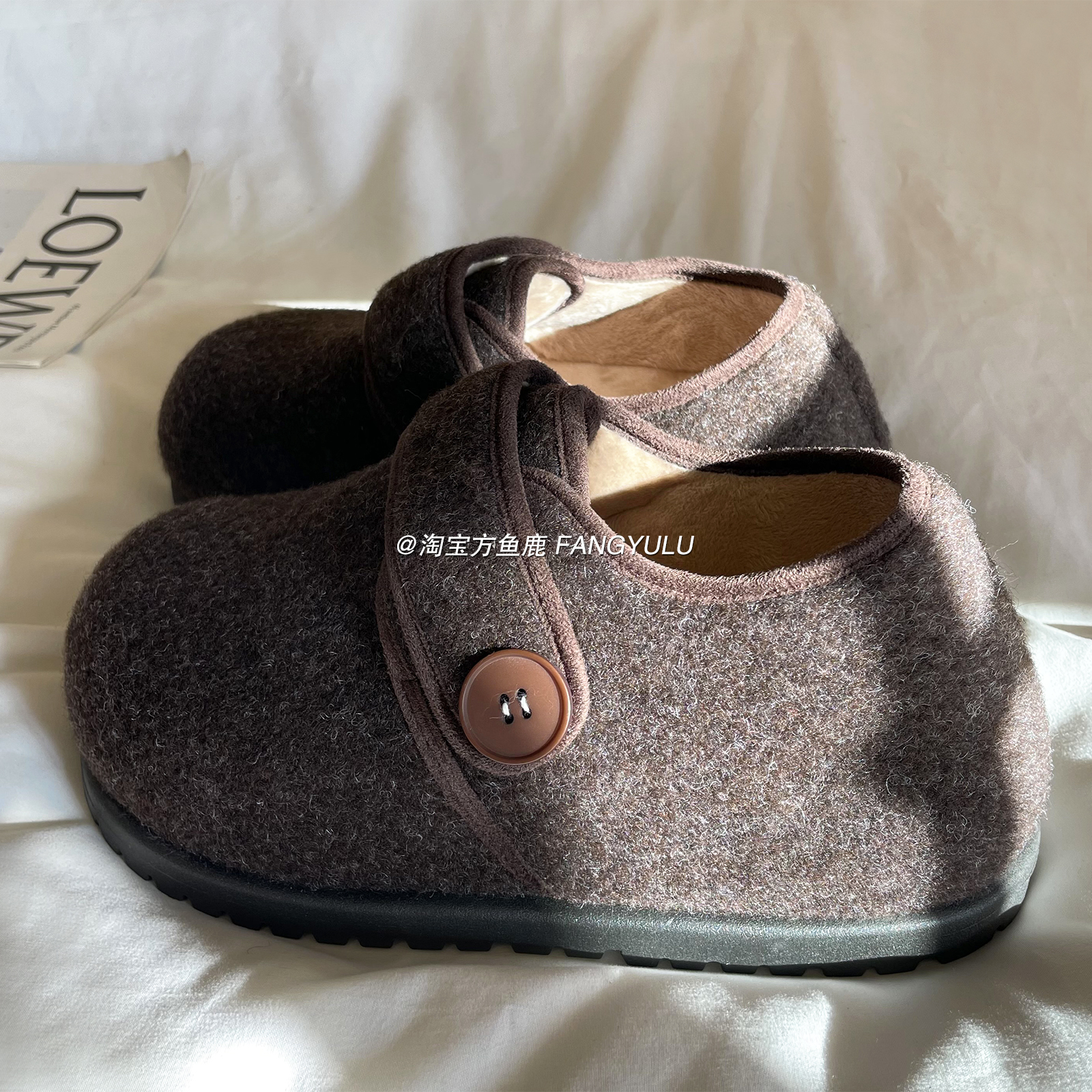 方鱼鹿 内增高6cm韩版圆头加绒勃肯鞋女2025冬季魔术贴保暖毛毛鞋