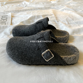 女2025年秋冬韩系百搭一脚蹬薄绒穆勒鞋 方鱼鹿 毛毡绒面勃肯拖鞋