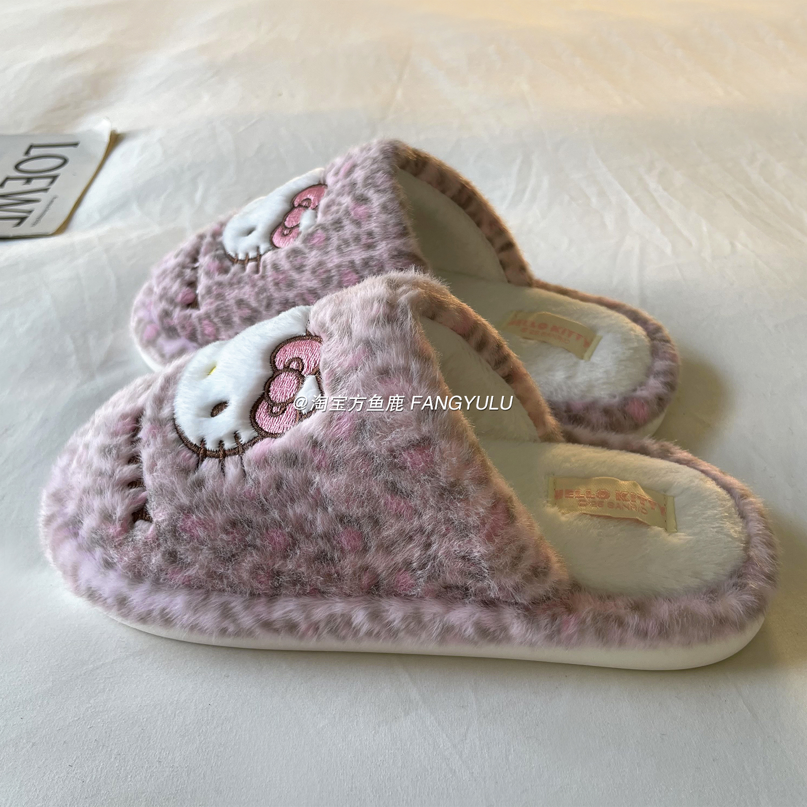 方鱼鹿 卡通豹纹kitty棉拖鞋女2025冬季室内居家防滑保暖毛毛拖鞋