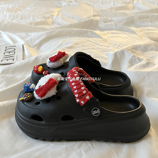 厚底防滑两穿沙滩包头半拖鞋 女2025年夏季 可爱卡通洞洞鞋 方鱼鹿