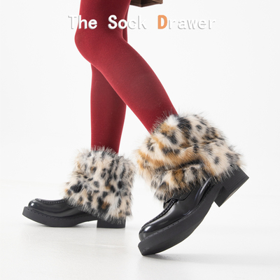 y2k辣妹亚文化拼色袜套女秋冬加厚保暖短筒靴腿套仿皮草豹纹袜套