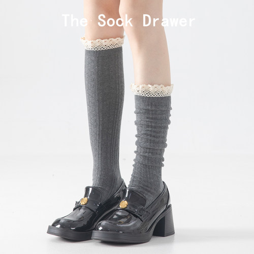 微压显瘦小腿袜女春秋款蕾丝拼接花边长筒袜立体浮雕长筒堆堆袜