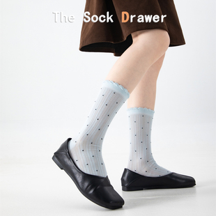 芭蕾风蓝色堆堆袜女春夏季 网眼透气花边泡泡口波点中筒长袜 薄款