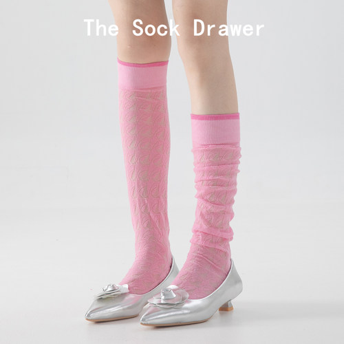 粉色可爱多巴胺长筒堆堆袜子女春秋新款镂空网眼学院风小腿袜子