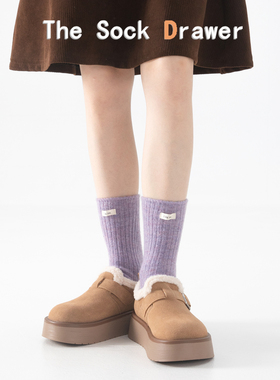 羊毛袜子女秋冬外穿紫色坑条中筒袜日系布标羊绒学生袜子配雪地靴