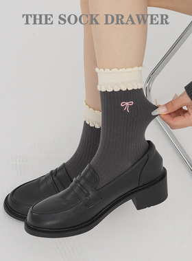 纯棉中筒袜春秋季搭配小皮鞋的袜子无骨袜刺绣蝴蝶结灰色学生袜子