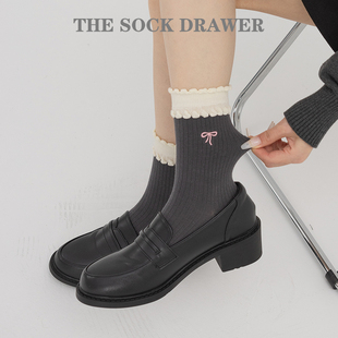 纯棉中筒袜春秋季 袜子无骨袜刺绣蝴蝶结灰色学生袜子 搭配小皮鞋