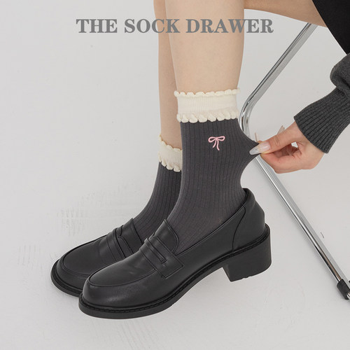 纯棉中筒袜春秋季搭配小皮鞋的袜子无骨袜刺绣蝴蝶结灰色学生袜子