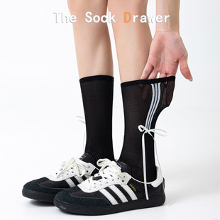 网眼透气中筒袜女黑色春夏季 绑带蝴蝶结堆堆袜松口不勒脚长袜 新款