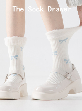 白色中筒袜女秋冬款毛绒花边蝴蝶结学院风ins潮配玛丽珍鞋的袜子