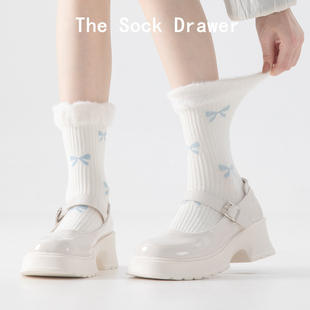 白色中筒袜女秋冬款 袜子 毛绒花边蝴蝶结学院风ins潮配玛丽珍鞋