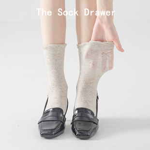 新款 薄款 无骨蝴蝶结堆堆袜配小皮鞋 袜子 荷叶边甜美中筒袜夏季