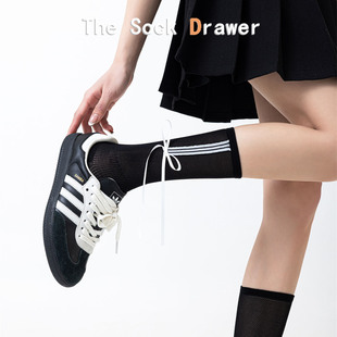 miu系芭蕾风袜子女春夏季 镂空网眼飘带蝴蝶结黑色中筒袜配德训鞋