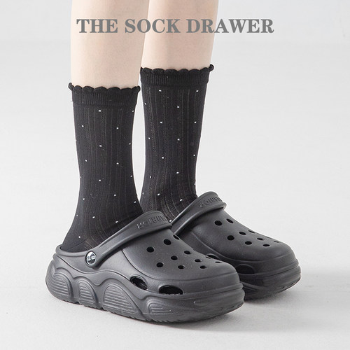 袜子女夏季薄款堆堆袜网眼透气花边黑色波点中筒袜配洞洞鞋的袜子