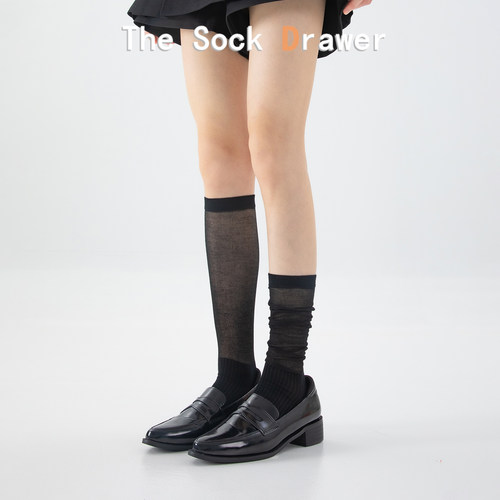 夏季薄款堆堆袜女超薄网纱透气日系学院风黑色及膝小腿袜配乐福鞋