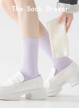 紫色袜子女中筒袜外穿潮网红款秋冬外穿学院风搭配乐福鞋的袜子