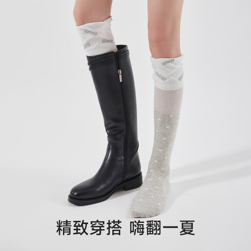 小腿袜靴袜波点长袜女春秋季纯棉透气微压半截袜搭配骑士靴的袜子